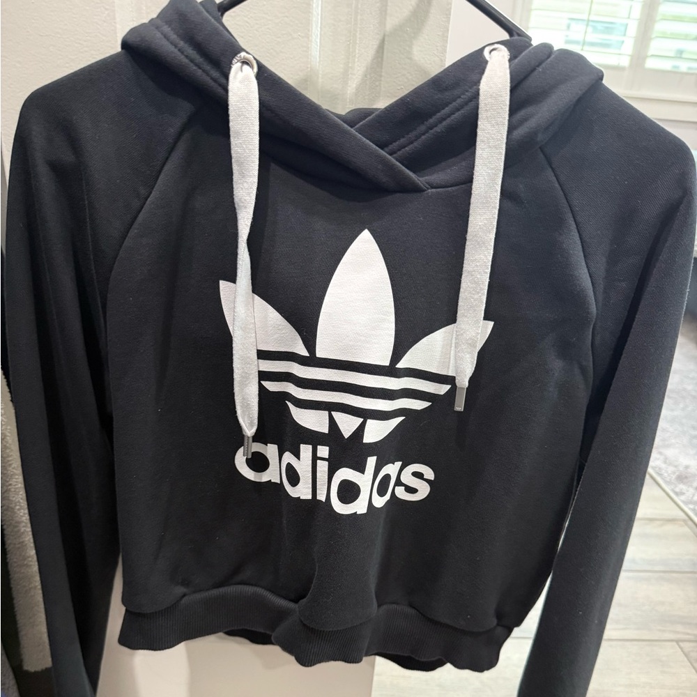 Adidas Black Hoodie Crop with White Drawstrings